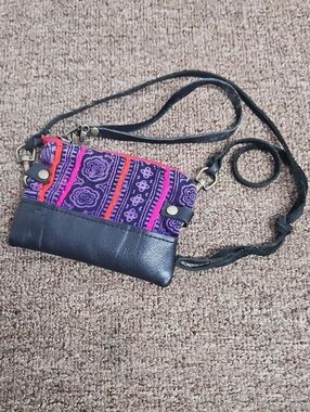 Vaalbara Mini Coin Bag Wristlet Shoulder Bag Black Leather Purple Floral 5" x 4